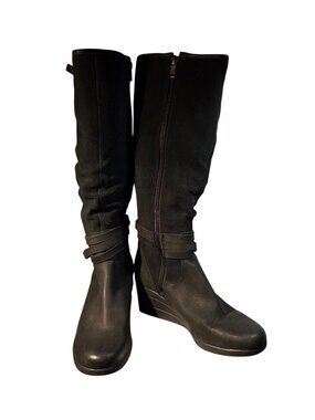 UGG Leslie Black Boots Women Size 9 Suede Leather Wedge Knee High Side Zippers
